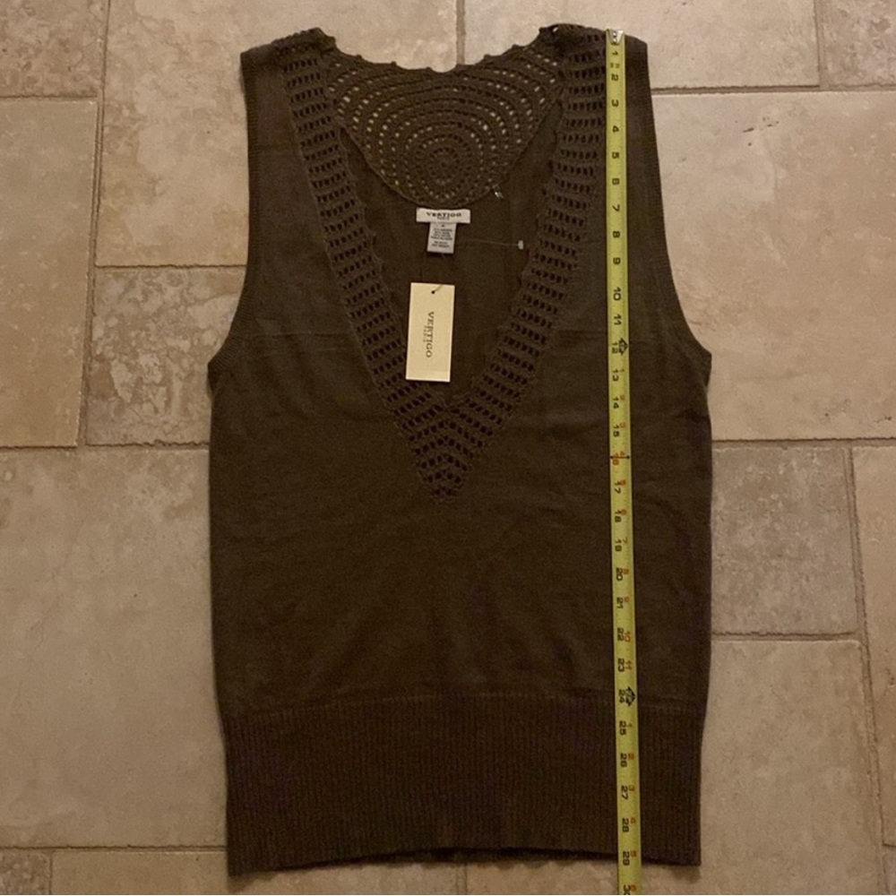 Vertigo Paris $160 NWT Angora Sleeveless Crochet Sweater Vest Tunic Olive Tan M - Picture 10 of 13